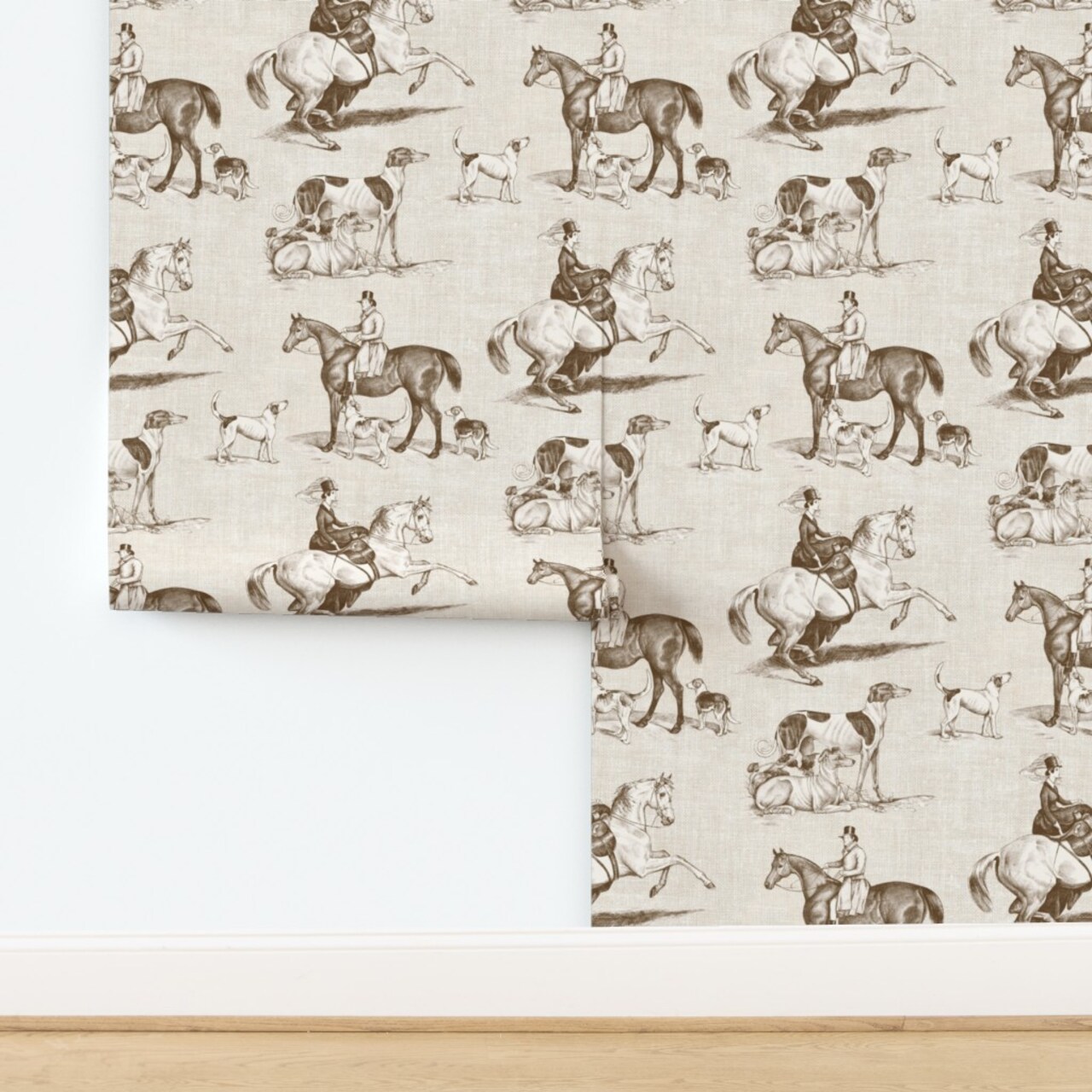 Traditional British Countryside Classic Sepia Horses Fox Hunt Equestrian Toile Vintage Horseback Riding Dogs Side Saddle Autumn Outdoor Sports Custom Pre-pasted Wallpaper by Spoonflower Pre-Pasted Wallpaper 2FT Wide